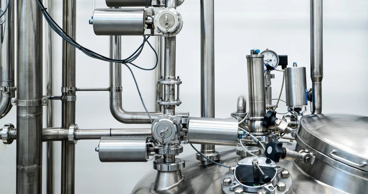 Tubulações de aço inox com válvulas em indústria alimentícia