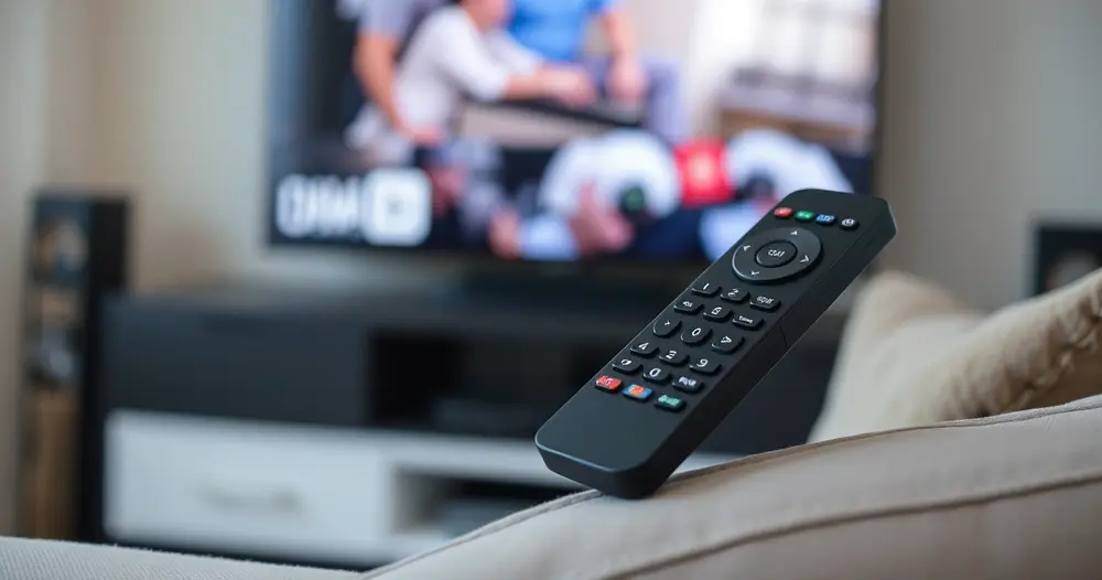 controle remoto sobre braço de sofá com televisão desfocada ao fundo