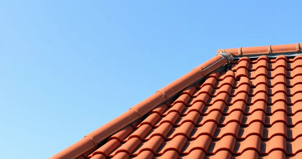 Telhado de telhas cerâmicas com fita de espículas metálicas instalada ao longo da cumeeira sob céu azul