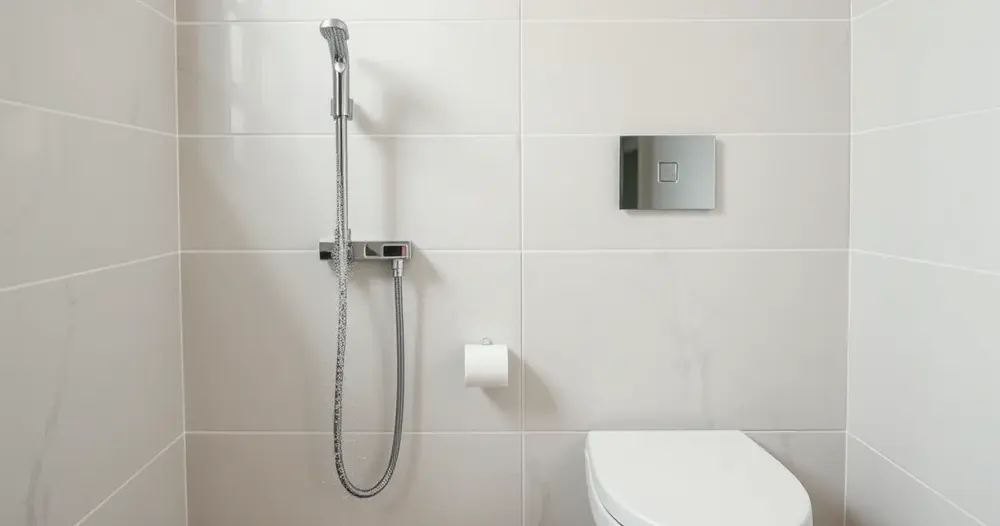 Parede de banheiro moderno com ducha higiênica instalada ao lado do vaso sanitário em azulejo claro