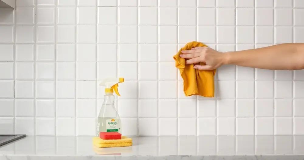 Parede de azulejos brancos de cozinha sendo limpa com pano, com esponja e borrifador sobre a bancada