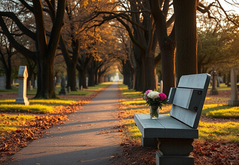 Alameda arborizada de cemitério ao fim da tarde, com flores sobre um banco