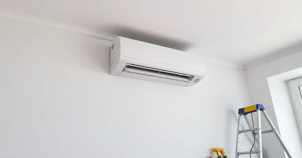 Unidade evaporadora de ar-condicionado sendo instalada em parede interna clara com escada e ferramentas