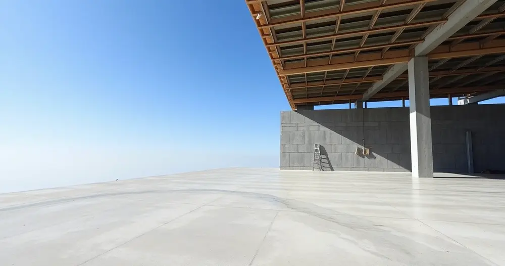 Laje de concreto plana em construção com malha de ferro aparente vista de ângulo aberto sob céu azul