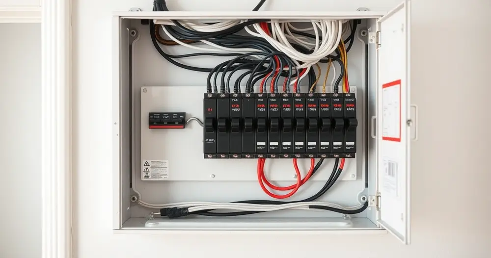 Quadro elétrico residencial aberto mostrando fileira de disjuntores e fiação organizada